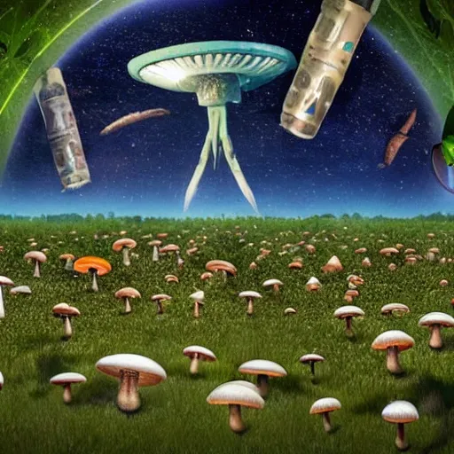 Image similar to Aliens from a UFO harvesting mushrooms from Earth with Joe Rogan watching with binoculars from the trees, realistic
