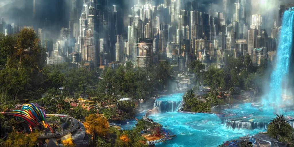 Image similar to a octane render of a landscape with a epic city and aquamarine coloured gras beautiful trees made from gold and rainbow liquid waterfalls and marvel hell riders with rainbow flames as citizen hollywood style, by waya steurbaut entertainment, dark, intricate, highly detailed, smooth, artstation, high resolution film render 100k, photo realistic style, epic, colourful, close up shot, 3D