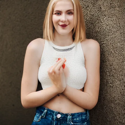 Image similar to Portrait photography of a Blonde Girl, Young Beautiful Face, Green Eyes, Freckles, Wearing a white crop-top and jeans, with a subtle smile, Charming, DSLR, cinematic lighting