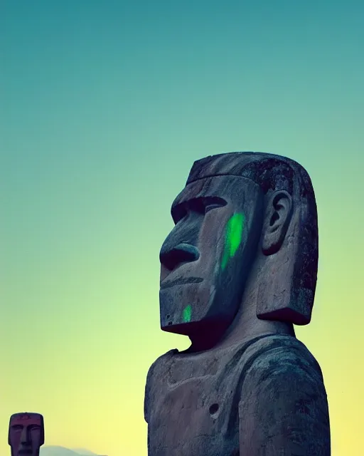 Humorous moai sculpture with pilot helmet