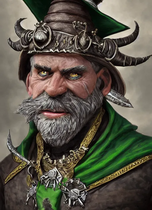 Prompt: a skaven from warhammer fantasy with a gray beard, wearing jewelry, tricorne hat, green robe, mean, dark tones, warlock, d & d, digital art, detailed face, highly detailed, trending on artstation, realistic