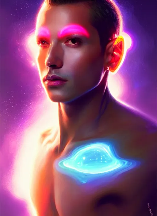 Image similar to a male faceless glowing liquefied stardust adventurer, dnd fantasy character, full body portrait, glowing neon skin, magical aura, ultra realistic, intricate, elegant, highly detailed, digital painting, artstation, smooth, sharp, focus, illustration, art by artgerm and greg rutkowski and alphonse mucha