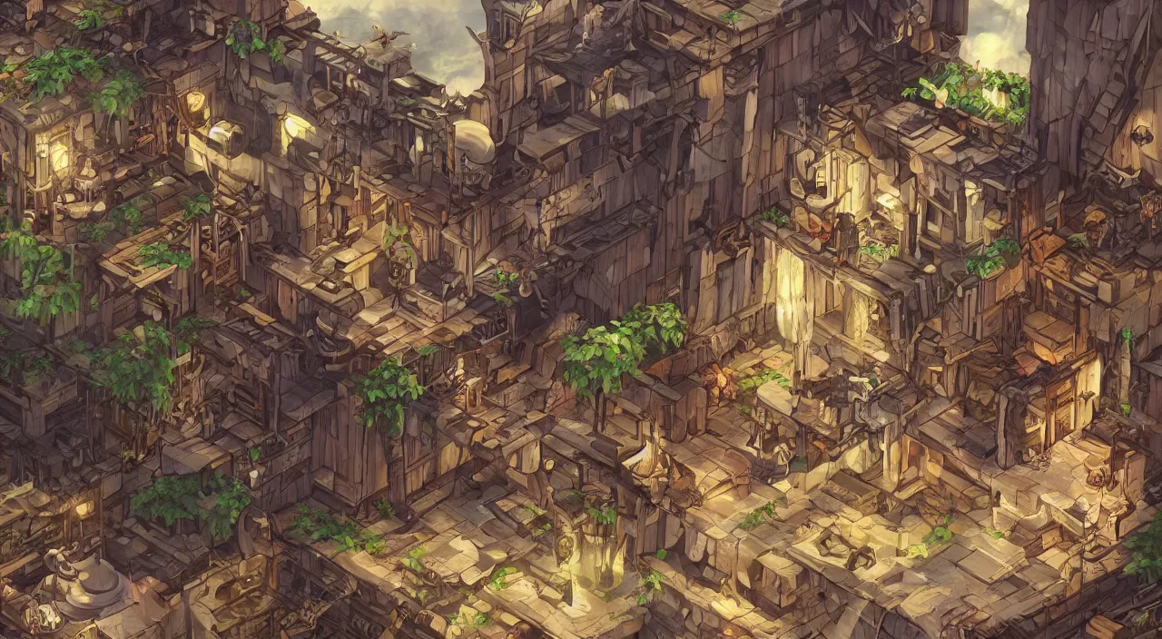 Image similar to open door wood wall fortress airship greeble block amazon jungle vanillaware fanart arstation by sung choi and eric pfeiffer and gabriel garza and casper konefal