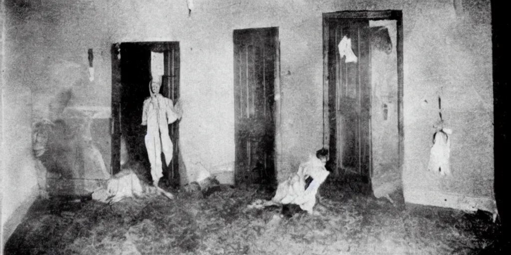 Prompt: scary unproportionable tall ghost creature inside a house crawling around, 1900s picture