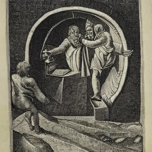 Image similar to engraving from flammarion showing a man leaving the medieval cosmo to enter the new modern universe