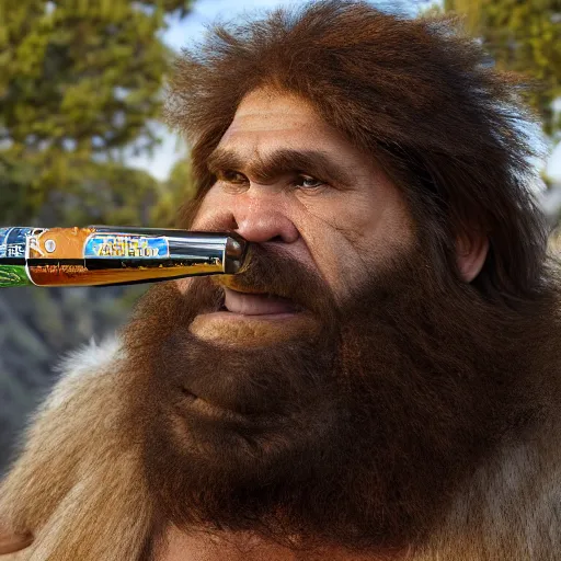 Prompt: photo of ancient caveman drinking a single beer can, high detail, ultra realistic, 4k UHD, pristine