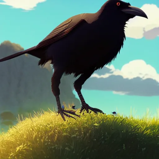 Prompt: a wholesome animation key shot of a crow on a hill, medium shot, centered subject, studio ghibli, pixar and disney animation, sharp, rendered in unreal engine 5, anime key art by greg rutkowski, bloom, dramatic lighting