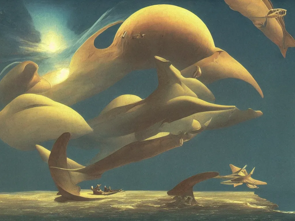 Prompt: The strange flying whales of Venus. Surreal, melancholic, vortex river, fumes. Painting by Audubon, Caspar David Friedrich, Roger Dean