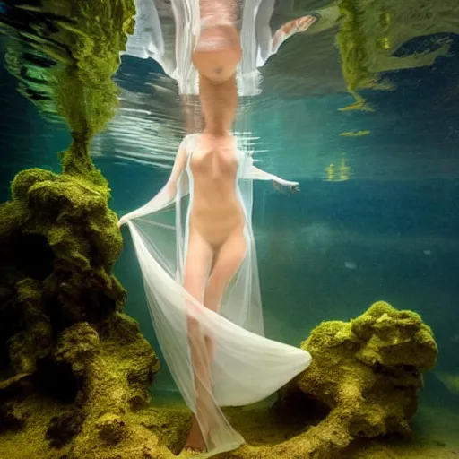 Image similar to portrait photo by mort kunstler and annie leibovitz and monia merlo, a beautiful symmetrical perfect woman in an irridescent one piece swimsuit completely covered in a sheer flowing long white sheet floating in the center of an aquarium, backlit, 4 d, 4 k, volumetric lighting, photorealistic, light ray, hyperdetailed