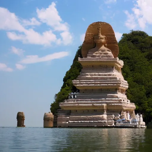 Prompt: floating temple in the middle of a large lake dedicated to the worship of sphinx cats