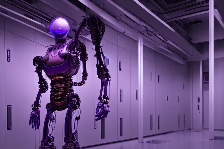 Prompt: hyperrealistic medium shot robot cyborg in wires data center server! by stanley kubrick highly detailed concept art zdzisław beksinski william gibson westworld hbo cinematic low purple lighting high angle hd 8 k sharp shallow depth of field