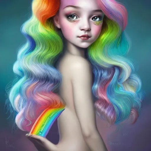 Image similar to an intelligent beautiful young girl with rainbow hair looking at the camera, she has a cute face, intricate, elegant, highly detailed, digital painting, artstation, concept art, smooth, sharp focus, illustration, art by mark ryden 3 d 8 k ultra detailed