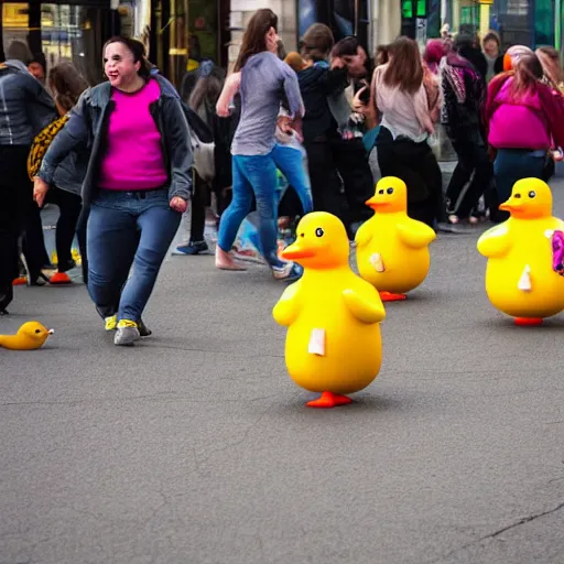 Image similar to rubber duck zombies chasing terrified people, photography