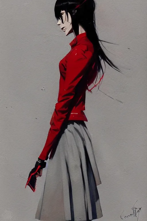 Prompt: a ultradetailed painting of a stylish woman wearing a grey jacket with red skirt, by conrad roset, greg rutkowski and makoto shinkai trending on artstation