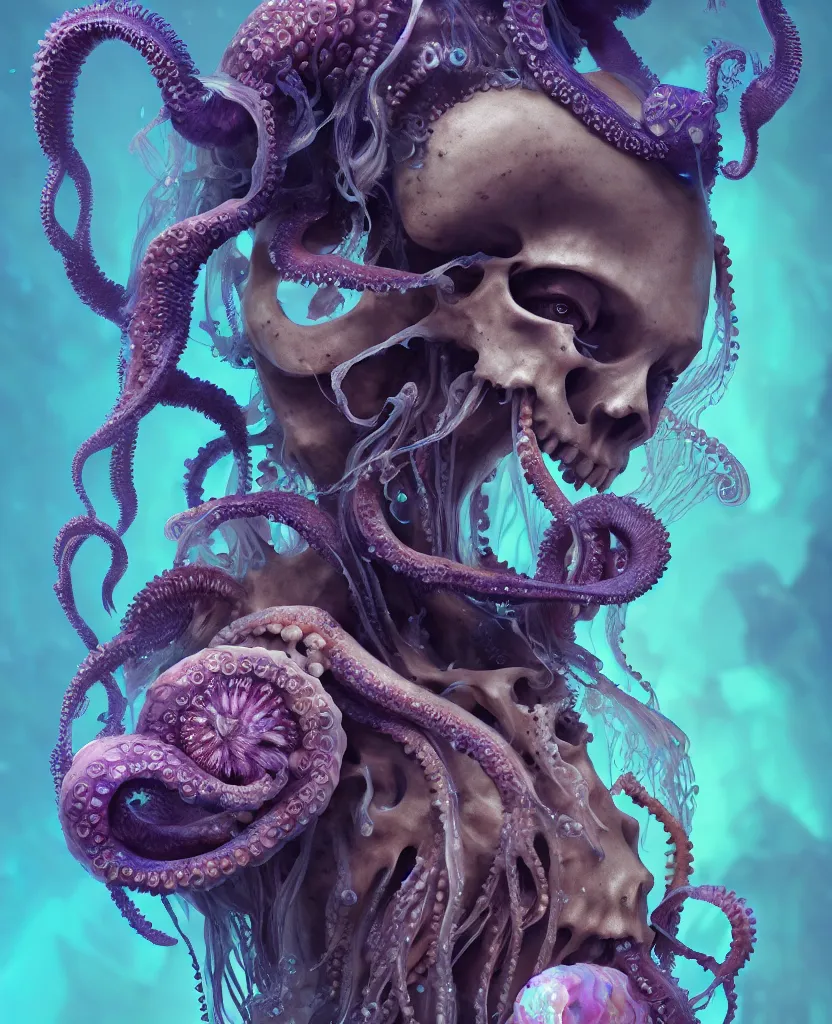 Image similar to goddess close - up portrait human skeleton, ram skull, octopus, jellyfish, orchid, betta fish, bioluminiscent, intricate artwork by tooth wu and wlop and beeple. octane render, trending on artstation, greg rutkowski very coherent symmetrical artwork. cinematic, hyper realism, high detail, octane render, 8 k