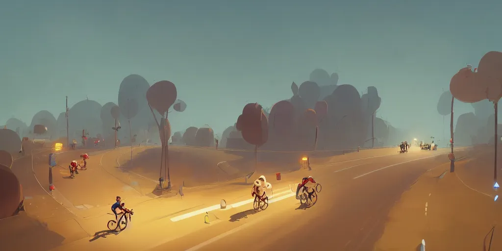 Image similar to Tour de France by Goro Fujita and Simon Stalenhag , 8k, trending on artstation, hyper detailed, cinematic