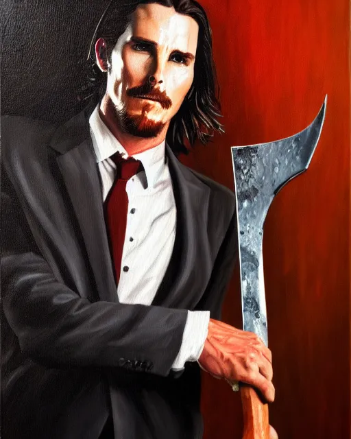 Prompt: oil painting portrait of christian bale american psycho holding an axe, cinematic lighting, high production value, intricate details, high resolution, hdr, high definition, masterpiece, realistic, ultrarealistic, highly detailed, hd, sharp focus, non blurry, sharp, smooth