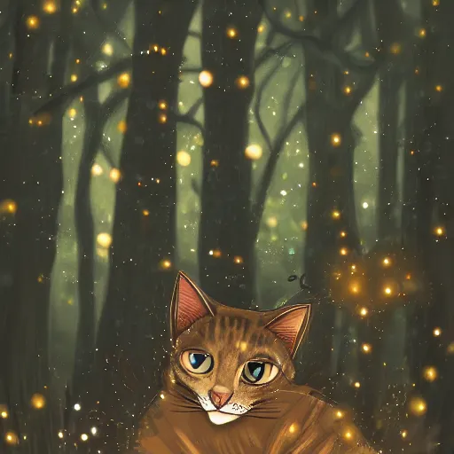 Image similar to portrait of a cat in a forest at night with fireflies, trending on artstation, furry art, by kawacy, night lighting, digital art, dreamy, bokeh