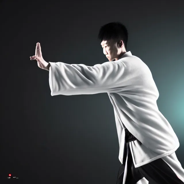 Image similar to wing chun practice supreme thunder fist, detailed wing chun form, fighting stance, shanghai, cinematic neon uplighting, fog mist smoke, photorealistic, night photography by tomino - sama