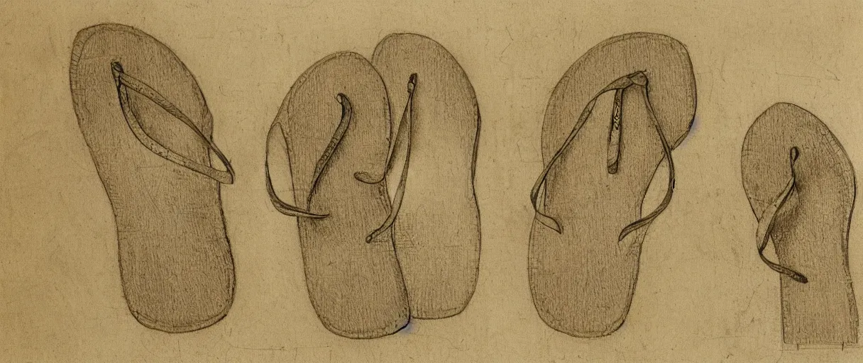Prompt: detailed blueprint sketches of flip flops, labelled, notes, diagram, by leonardo davinci, on yellow paper, worn, pencil, sketch
