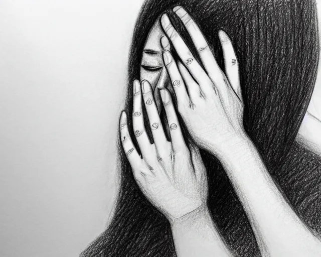 Image similar to a drawing of a woman covering her face with her hands, a sketch by choro choi, thick stroke, trending on artstation, context art, pencil sketch, high detail, kinetic