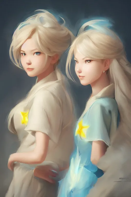 Prompt: a portrait of rosalina and luma, made by stanley artgerm lau, wlop, rossdraws, artstation, cgsociety, concept art, cgsociety, octane render, trending on artstation, artstationhd, artstationhq, unreal engine, 4 k, 8 k,