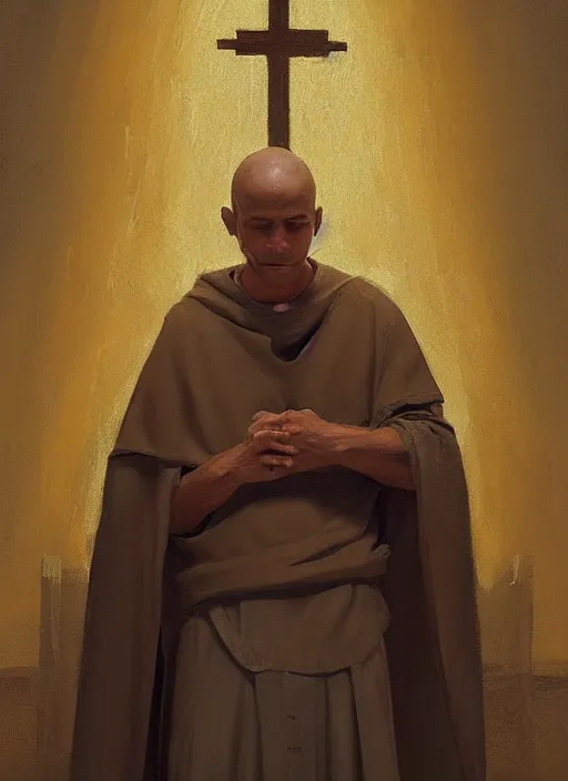 Image similar to oil painting of a weeping tonsured dominican monk in a brown habit, kneeling in a dark empty chapel, hazy, digital art, artstation, cinematic, golden hour, digital art painting by greg rutkowski, cozy atmosphere, cinematic lighting