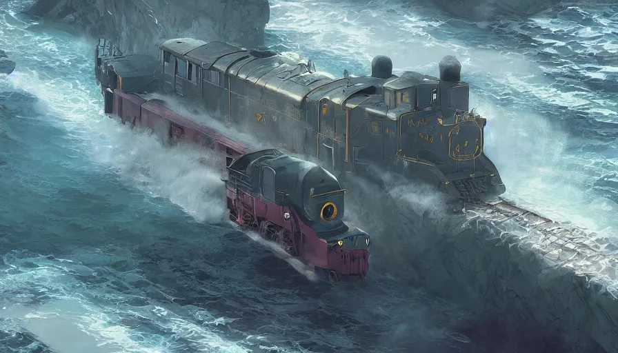 Image similar to craig mullins and ghibli digital illustration of a long dragon - style train in deep ocean unreal engine, hyper realism, realistic shading, cinematic composition, realistic render, octane render, detailed textures, photorealistic, wide shot