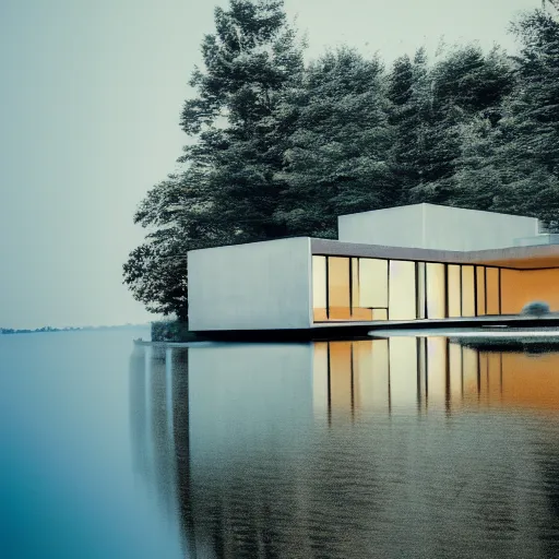 Prompt: modern house on the lake, artwork by tadao ando, mystic, melancholy, pinhole analogue photo quality, lomography, blur, unfocus, cinematic, foil effect, holographic effect