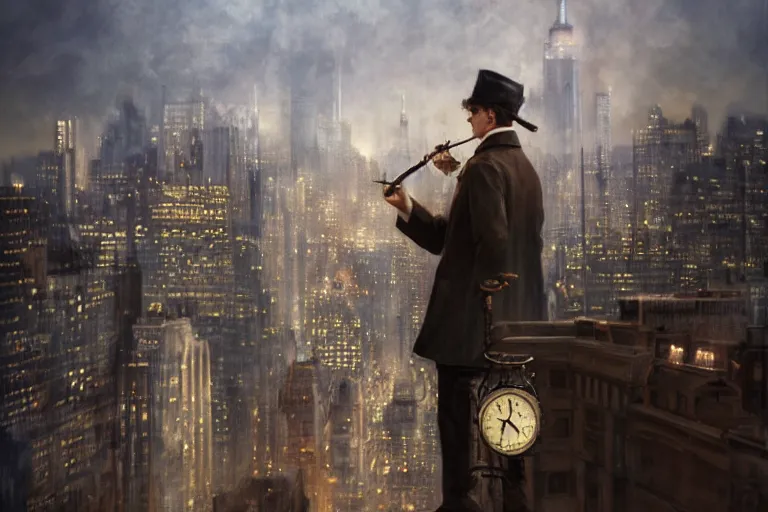 Image similar to portrait profile sherlock holmes tobacco pipe on a perch facing the city at night, smoke rising, smooth, focus, highly detailed, hyper realistic, dramatic lighting, intricate, concept art, new york skyline, looking down, movie still, art by wlop, greg rutowski, artstation