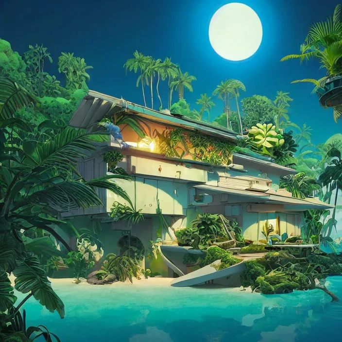 Image similar to a luminescent tropical cottage by paolo eleuteri serpieri and tomer hanuka and chesley bonestell and daniel merriam and tomokazu matsuyama, unreal engine, high resolution render, featured on artstation, octane, 8 k, highly intricate details, vivid colors, vector illustration