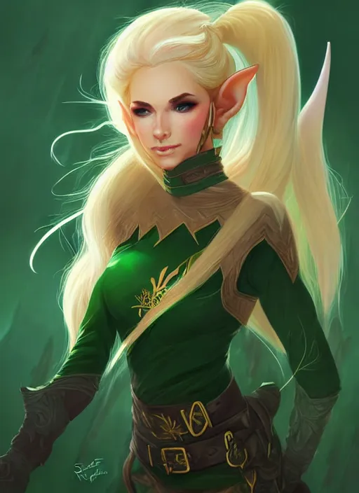 Image similar to portrait of beautiful elf spy, female, white skin, golden ponytail hair, green eyes, high fantasy, dnd, extremely detailed, smooth, sharp focus, digital illustration, by rossdraws, sakimichan, frank franzzeta