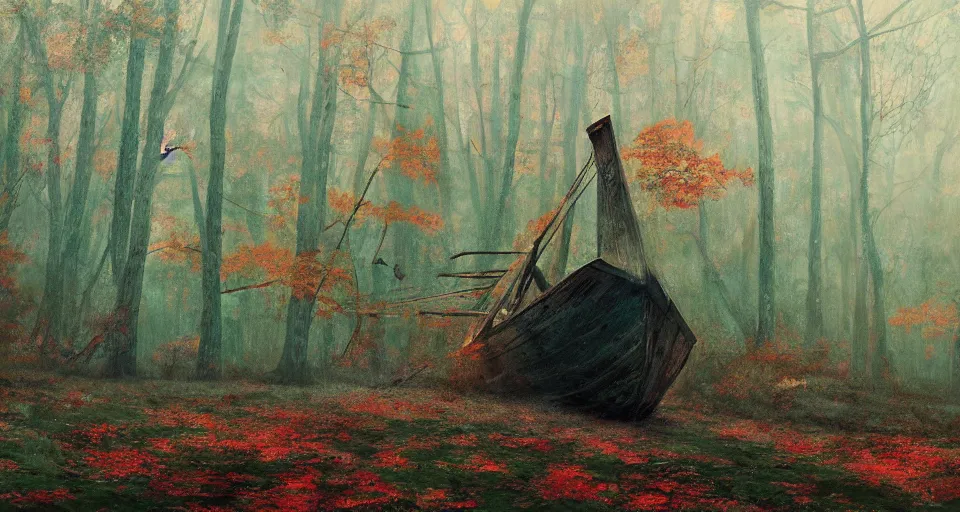 Image similar to an old broken sailing ship in an autumn forest, green and red tones, by Aron Wiesenfeld and beksincki, cinematic, detailed illustration, nature, fog, dark colors, suspense, intricate, 8k