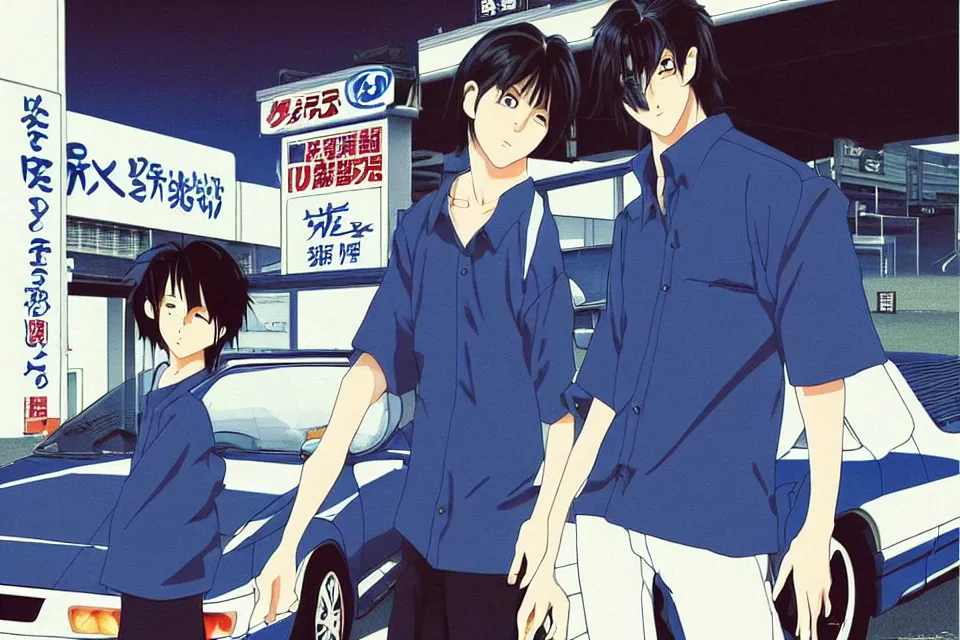 Image similar to very serious ryosuke takahashi with black hair wearing a dark blue shirt and white pants stands alone leaning on his white mazda rx 7 on an empty gas station, late evening sunset in japan, initial d anime 1 0 8 0 p, detailed anime face, high detail, 9 0 s anime aesthetic, volumetric lights, art by studio comet, pinterest wallpaper,