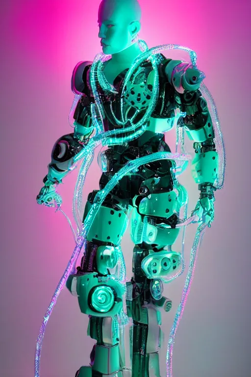 Image similar to full-body rococo and cyberpunk style mint neon and ceramic statue of a muscular attractive Nick Jonas as a robot god humanoid wearing a thin see-through plastic cloak sim roupa, posing like a superhero, suspended to the wall thick clear cables around his wrists, glowing peach face, crown of pink steampunk lasers, large diamonds, swirling silver silk fabric. futuristic elements. oozing glowing liquid, full-length view. space robots. human skulls. throne made of bones, intricate artwork by caravaggio. Trending on artstation, octane render, cinematic lighting from the right, hyper realism, octane render, 8k, depth of field, 3D