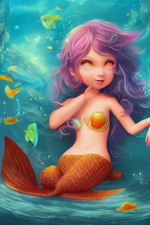 Image similar to cute cartoon childrens book illustrations of a mermaid, vivid colors, high details, cinematic, 8k resolution, beautiful detailed, photorealistic, digital painting, artstation, concept art, smooth, sharp focus, illustration, fantasy background, artstation trending, octane render, unreal engine