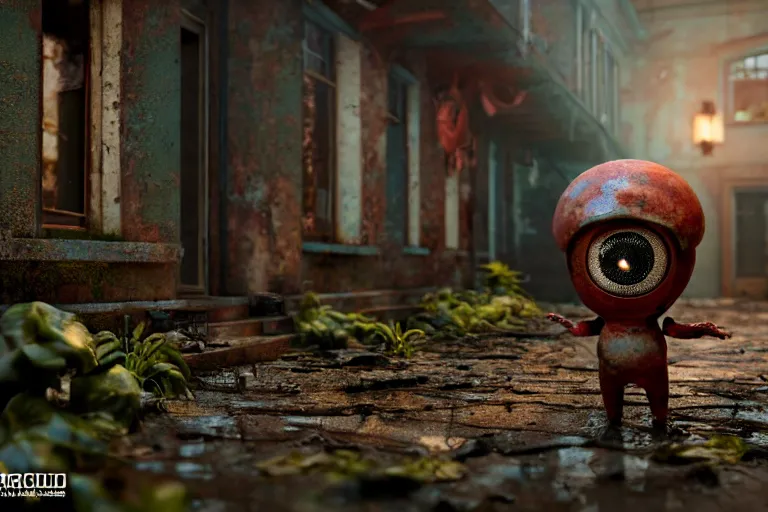 Image similar to Broken ugly toy doll with glowing eyes lying on old courtyard with mud and an old playground between two soviet five-storey overgrown with ivy panel houses, high details, cinematic, 8k resolution, beautiful detailed, insanely intricate details, artstation trending, rule of third, octane render, unreal engine