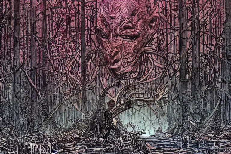 Image similar to scene from louisiana swamps, true detective, artwork by philippe druillet