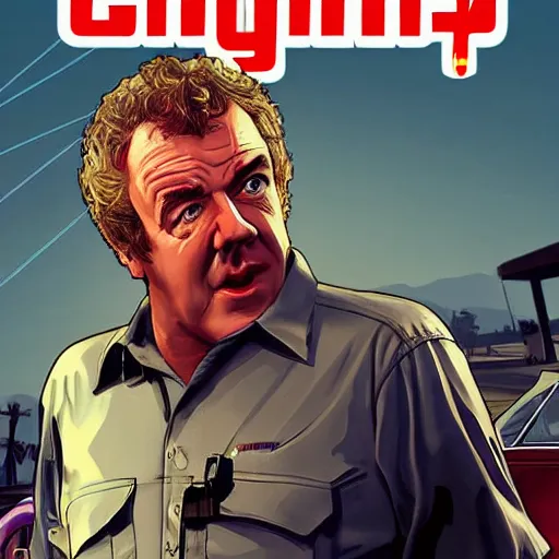 Image similar to Jeremy Clarkson in GTA V, cover art by Stephen Bliss, artstation, no text