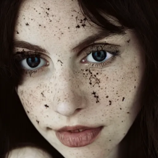 Image similar to Beautiful Scottish dark haired woman, pale skin, freckles, coy, anima