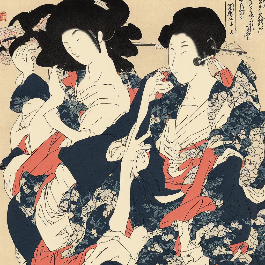 Image similar to i, a beautiful woman wearing headphone and playing iphone, by hokusai