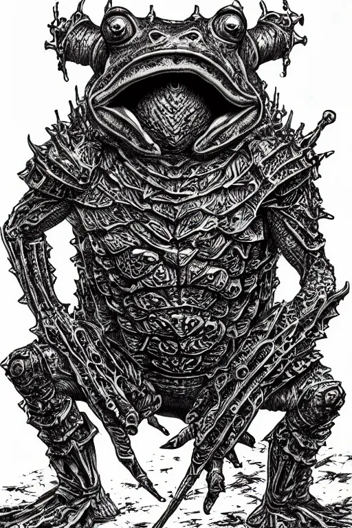 Image similar to humanoid frog warrior, wearing armour, swamp, symmetrical, highly detailed, digital art, sharp focus, trending on art station, kentaro miura manga art style