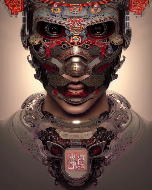 Image similar to portrait of a cyberpunk machine, machine face, upper half portrait, decorated with chinese opera motifs, asian, fine china, traditional chinese art, intricate, elegant, highly detailed, symmetry, headpiece, digital painting, artstation, concept art, smooth, sharp focus, illustration, art by artgerm and greg rutkowski and alphonse mucha, 8 k