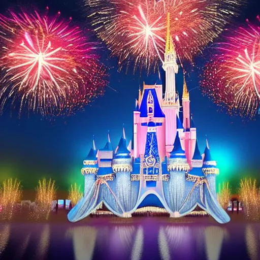 Prompt: digital art of disney world castle with fireworks in the background, trending on artstation