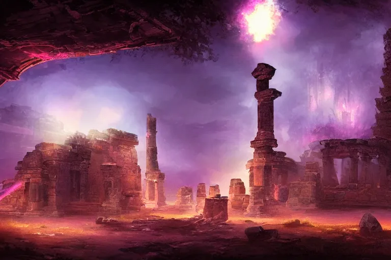 Prompt: mysterious ancient temple ruins at dusk with some lightparticles in the air, digitalart, Jonas De Ro style, purple dark colors, artstation