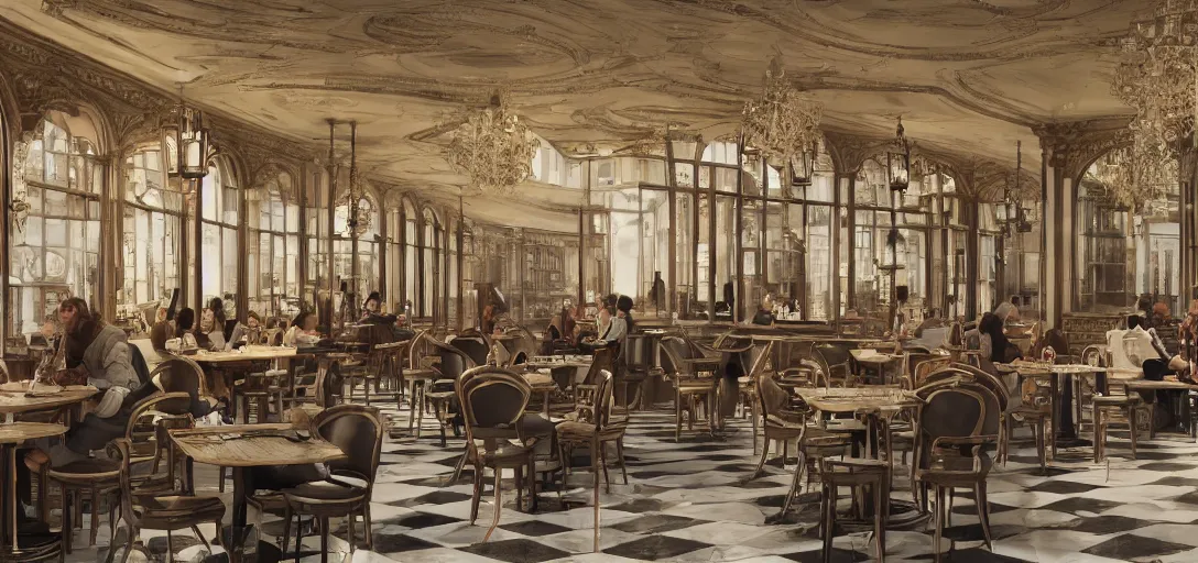 Image similar to a photorealistic render of a parisian cafe at lunch time but all the chairs look like the iron throne, cafe customers, fancy french waiters, ultra detailed face, 8 k, artstation, volumetric lighting, smooth, highly detailed, octane render, by andres rocha and albert bierstadt and greg rutkowski