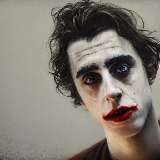 Image similar to cinematic portrait of timothee chalamet as the joker, perfect face, neon rain, moody, elegant, by alyssa monks, highly detailed, symmetrical face, fine details, masterpiece, trending on artstation