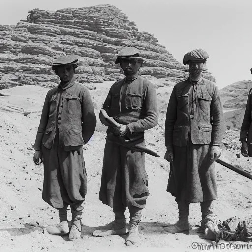 Prompt: ultra detailed photorealistic sepia - toned photo from 1 9 1 7, three clean - shaven british soldiers standing with two bedouin traders in traditional arab garb, at an archaeological dig site in wadi rum, ultra realistic, painted, intricate details, lovecraft, atmospheric, dark, horror, brooding, highly detailed, by clyde caldwell