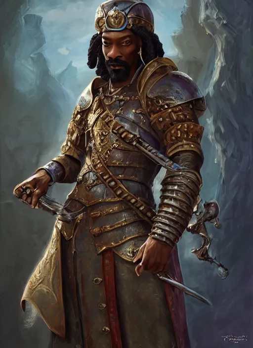 Image similar to snoop dogg as a mage, short beard, grumpy, plate armor, Ivan Aivakovsky, Boris Vallejo, epic fantasy character art, D&D Concept Art, full length, ultra Realistic, Regal, Refined, Detailed Digital Art, Exquisite detail, post-processing, masterpiece, Cinematic Lighting, Unreal Engine, 8k, HD,