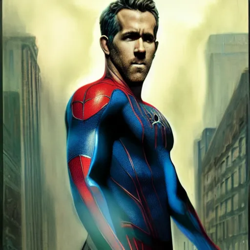 Image similar to ryan reynolds as a black and blue suit spider - man, cinematic, volumetric lighting, f 8 aperture, cinematic eastman 5 3 8 4 film, photorealistic by greg rutkowski, by stanley artgerm, by alphonse mucha